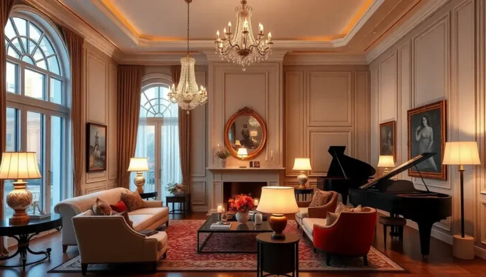 A beautifully lit living room with multiple luxurious lamps and sophisticated decor.