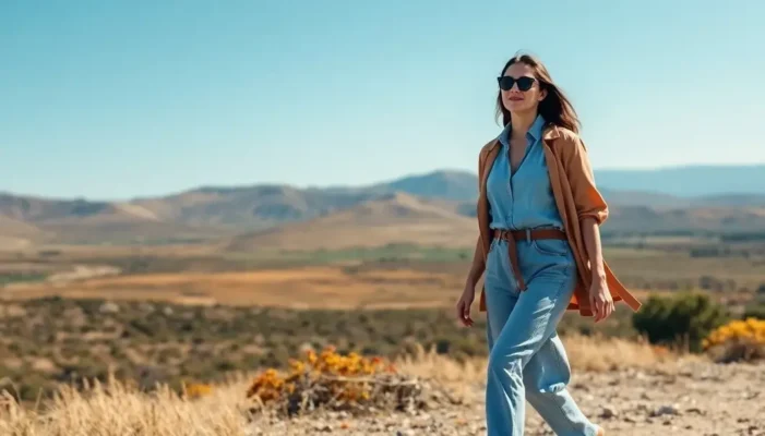Stylish person in nature wearing eco-friendly clothing under blue skies.
