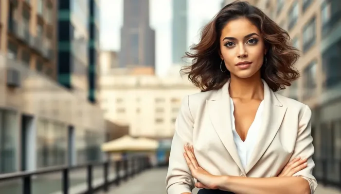 A confident person with broad shoulders standing against an urban backdrop.