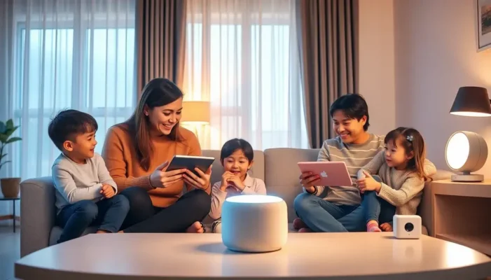 A family using various 5G-connected devices in a modern home environment, reflecting enhanced connectivity.