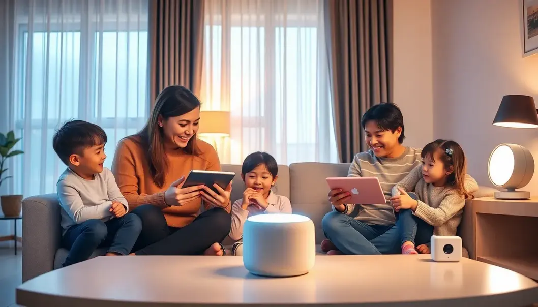 A family using various 5G-connected devices in a modern home environment, reflecting enhanced connectivity.