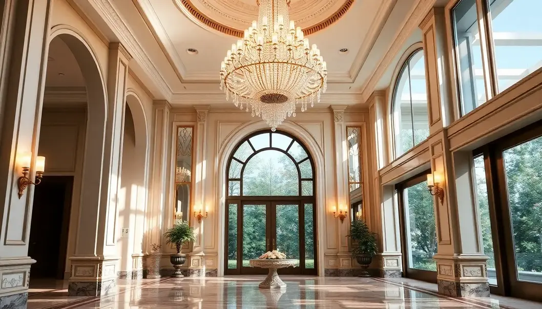 An opulent grand foyer adorned with a crystal chandelier.