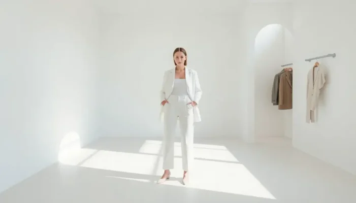 Person in minimalist fashion within a simple, neutral-toned setting.