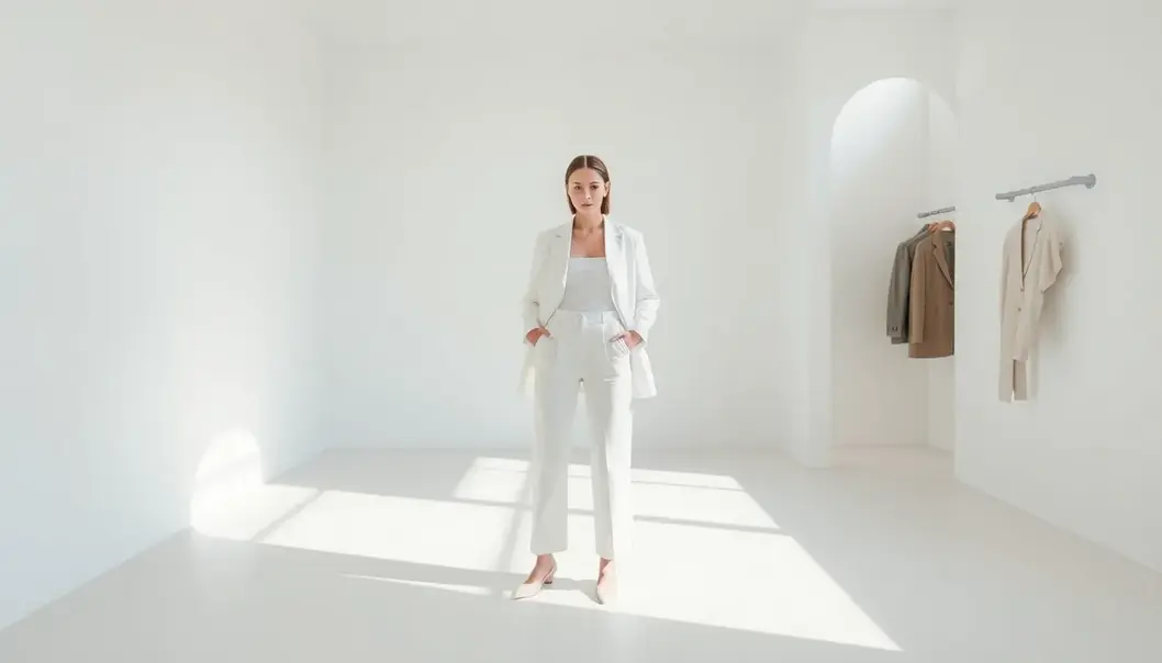 Person in minimalist fashion within a simple, neutral-toned setting.
