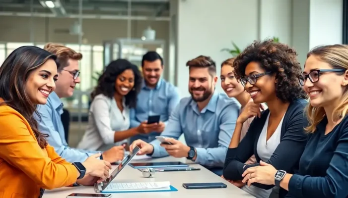 A group of professionals in an office using smartwatches, fitness trackers, and smart glasses.